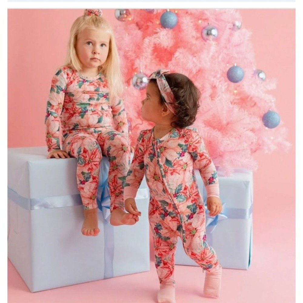 Posh Peanut Kids Pink‎ Poinsettia Bamboo Pajama Set Long Sleeve 5T-6T Holiday